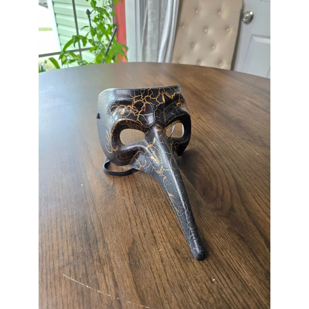 Black & Gold Crackle Plague Doctor Mask With Long Nose & Elastic Strap